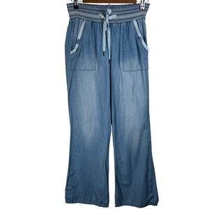 Rewash Womens Smocked Waist Wide Leg Chambray Pants Blue Drawstring Large